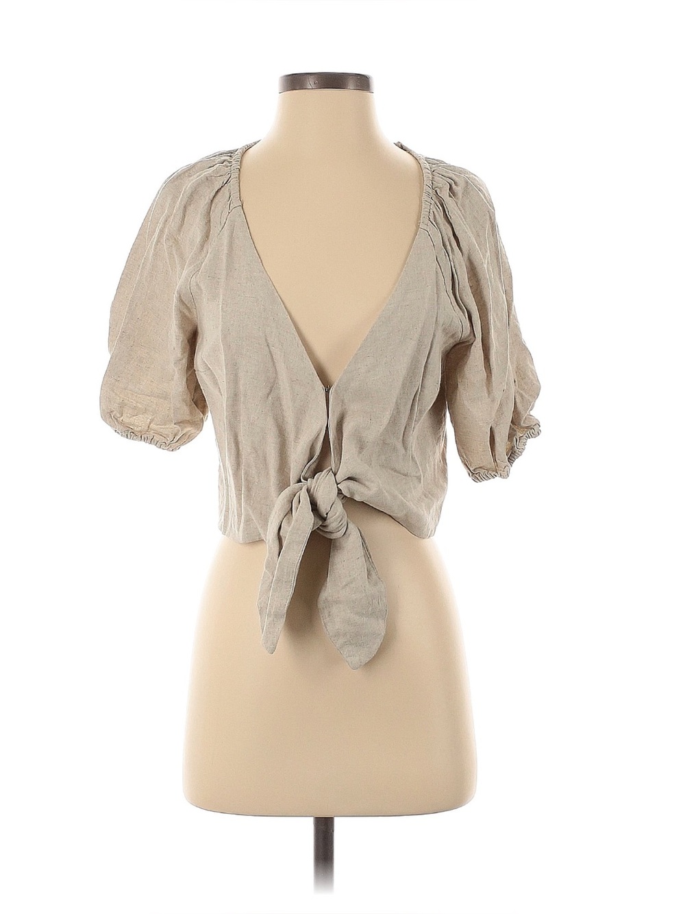 Abercrombie & Fitch Linen Blend Tie-Front Puff Sleeve  Top